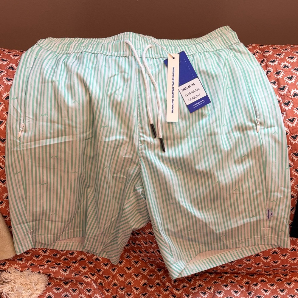 Men's Mint Stripe Swim Trunks with Drawcord